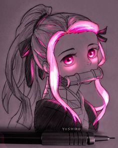 a drawing of a girl with pink eyes and long hair, holding her hand to her face