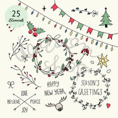 an illustration of christmas decorations and garlands with the words happy new year's greetings