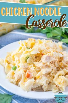 chicken noodle casserole on a white plate with a blue and green napkin