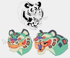 two drawings of tiger heads with different colors