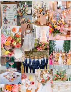 a collage of wedding photos with flowers, cake and other things in the background