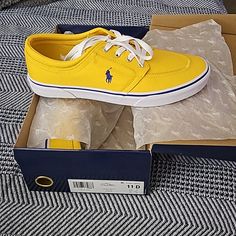 Size: 11 Color: Yellow W/ Navy Blue Pony And Trim Yellow High-top Canvas Sneakers, Yellow Canvas Shoes With Rubber Sole, Yellow Canvas Shoes With Vulcanized Sole, Yellow Vulcanized Lace-up Sneakers, Yellow Canvas Sneakers With Round Toe, Yellow Slip-on Sneakers With Rubber Sole, Mustard Casual Sneakers With Cushioned Footbed, Casual Mustard Sneakers With Cushioned Footbed, Sporty Yellow Canvas Sneakers