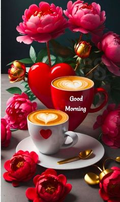 two cups of coffee with hearts on them and flowers in the background that says good morning