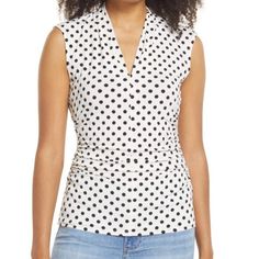 Details: New With Tags Color: White With Black Polka Dots Bold Polka Dots Enliven This Polished Work-To-Weekend Blouse Styled In A Sleeveless Silhouette With Shapely Ruching 24" Length V-Neck - Sleeveless 95% Polyester, 5% Spandex + % ! Casual Polka Dot Sleeveless Top, Fitted Polka Dot Sleeveless Top, Fitted Polka Dot Sleeveless Blouse, Polka Dot Sleeveless Casual Blouse, Casual Sleeveless Polka Dot Blouse, Polka Dot Sleeveless Top For Work, Sleeveless Polka Dot Top For Work, Elegant Sleeveless Polka Dot Top, Feather Kimono