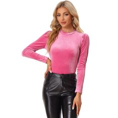 Get your shimmer on in this chic yet simply styled velvet top. A velvet top with puff sleeves and a mock neck offers a charming look for day or night. Suitable for casual, holidays, parties, night club and festivals. Elevate your style in this crop top made of glittery velvet fabric. This velvet top is perfect for being paired with any tight trousers or short skirts for a chic and hot look. Summer Gingham, Velvet Tees, Turtleneck T Shirt, Puff Long Sleeves, Velvet Top, Pink Outfits, Velvet Tops, Womens Clothing Sizes, Chic Woman