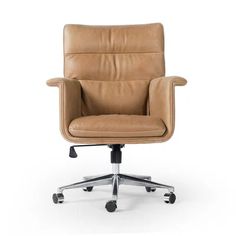 an office chair with wheels and leather upholstered on the back, in front of a white background