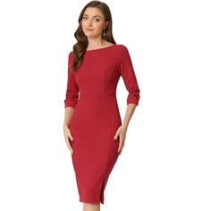 The formal pencil dress goes great with any body shape, comes in a wide range of sizes, and looks just great on you whenever and wherever you decide to wear it. Pair it with high heels and a handbag for an elegant and urban chic lady outfit. The women's bodycon dress is elegant and professional, showing your unique personal charm and producing a slimming visual effect. Elegant Red Half Sleeve Midi Dress, Office Lady Bodycon Sheath Dress, Red Fitted Midi Dress For Semi-formal Occasions, Elegant Red Sheath Midi Dress, Red Sheath Bodycon Dress For Office, Chic Red Sheath Bodycon Dress, Classic Sheath Dress, Fitted, Red 3/4 Sleeve Dress For Work, Elegant Red Midi Dress With 3/4 Sleeves