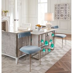 By Jonathan Adler - Petite and glamorous, but ultra comfy, the Rider Dining Chair goes from dining table to desk and everywhere in between. Fab in pairs flanking a console or against a wall to create a sculptural moment. Dimensions: 17”L x 20”W x 32”H Seat Height: 18” H Seat Dept: 16.5” Finish Option 1: Polished Nickel Fame with Rialto Sky (100% cotton) Velvet Upholstery Finish Option 2: Blackened Steel Frame with Brass Accents and Rialto Peacock (100% Cotton) Velvet Upholstery Finish Option 3: Polished Brass Frame and Rialto Gold (100% Cotton) Velvet Upholstery Square Table Lamp, Contemporary Hallway, Pinch Bowls, Tempered Glass Shelves, Round Vase, Jonathan Adler, Empire Style, Square Tables, Glass Shelves