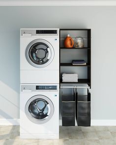 a washer and dryer stacked on top of each other in a laundry room