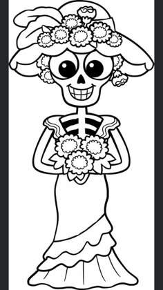 a cartoon skeleton with flowers in her hair and holding a flower bouquet, wearing a hat