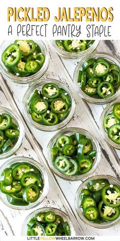 pickled jalapenos in glass jars with text overlay