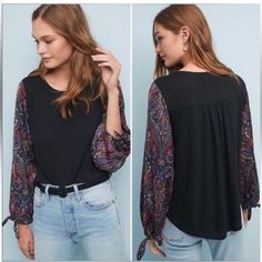 Anthropologie Long Sleeved Shirt, Black With Floral Sleeves, Xs, Nwt Black Blouse For Layering In Fall, Black Blouse For Fall Layering, Black Cotton Blouse For Layering, Casual Black Blouse For Layering, Black Fitted Bohemian Tops, Fitted Black Bohemian Tops, Casual Black Blouse For Fall, Neutral Shirt, Floral Sleeves