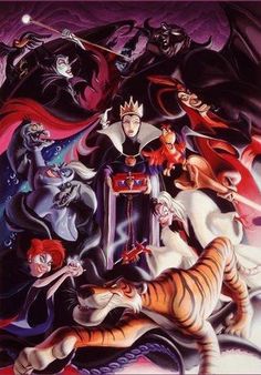 an image of the evil queen surrounded by other disney characters and their pets, including cats