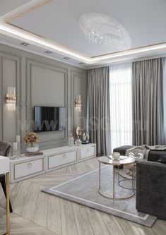 an elegant living room with grey walls and white trimmings, gray couches, gold accents