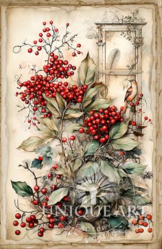 a painting with red berries and leaves on it