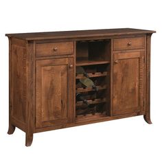 a wooden cabinet with wine bottles in it