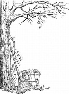 a black and white drawing of a broom next to a tree