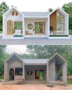 two pictures side by side one has a house and the other has an open porch