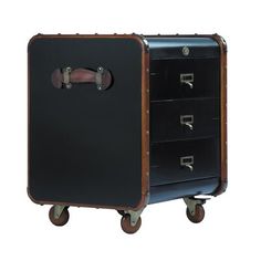 a black and brown suitcase sitting on wheels