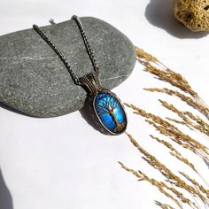 Labradorite Blue Necklace As Gift, Blue Cabochon Necklace For Gifts, Blue Cabochon Necklace For Gift, Blue Gemstone Necklace, Necklace Tree, Protection Amulet, Wrapped Necklace, Wire Necklace, Wire Pendant