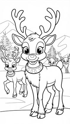 rudolph the reindeer coloring pages for kids to print out and color with his friends in the background