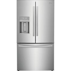 a stainless steel refrigerator freezer with water dispenser and ice maker on the door