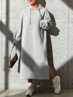 Grey Casual Collar Long Sleeve Knitted Fabric Plain Dress Embellished Slight Stretch  Women Clothing Loose Jeans Outfit, Split Hem Dress, Warm Dresses, Plain Dress, Hooded Dress, Sport Dress, Athleisure Wear, Hoodie Outfit, Vestido Casual