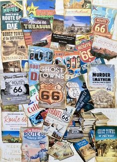 a collage of old route 66 stickers on a white background with the words ghost towns written in large letters