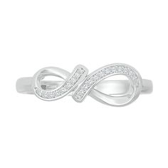 Pledge your forever love when you present this diamond infinity ribbon promise ring, a sleek and sophisticated look she'll wear with everything. Fashioned in sterling silver Diamonds shimmer along bypassing ribbons that top the infinity symbol design. This promise ring shines with 1/20 ct. t.w. of diamonds.