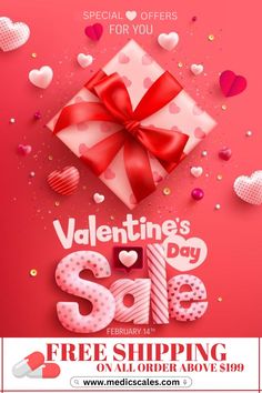 valentine's day sale flyer with red bow and hearts