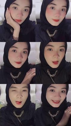 four different pictures of a woman with hijab and necklaces on her head