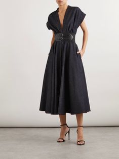 ALAÏA Belted denim midi wrap dress | NET-A-PORTER Fan Skirt, Belted Denim Dress, Midi Wrap Dress, Suede Mules, Pink Pumps, Ladies Dress Design, Nordstrom Dresses, Denim Dress