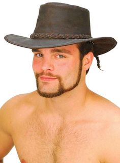 Brown leather cowboy hat with a braided leather hatband. This brown cowboy hat has a large metal stud in back that holds on the leather hatband. This western hat in brown leather features include a soft inside headband to wick away sweat, a denim lining, and a shape-able wire rim. Made of a heavy split cowhide leather. Shape that rim to make you feel like you're in the Australian outback or the wild west. Sizes: S, M, L, XL, 2XL. [3#] shape-able wire rim leather braid and tassel hat band metal stud on back soft nylon inside headband denim lining heavy duty split cowhide leather IMPORTANT SPECIFICATIONS: MANUFACTURER: This quality product is a Jamin Leather® brand or other reputable brand that matches or exceeds our quality standards, for the price.LEATHER: Split leather is firmer skin that Western Leather Brimmed Costume Hats, Rugged Distressed Brown Hat Bands For Rodeo, Rugged Brown Hat Bands For Western-themed Events, Western Brown Hat With Leather Sweatband, Western Hat With Leather Sweatband For Western-themed Events, Country Style Brown Hat Band With Leather Sweatband, Brown Country Style Costume Hat For Rodeo, Country Style Brown Costume Hat For Rodeo, Brown Flat Brim Costume Hat For Rodeo