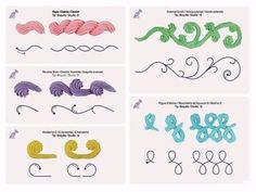 four different types of embroidery designs on white paper with blue, green and pink thread