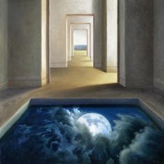 a painting of an empty hallway leading to the sky with clouds and a full moon