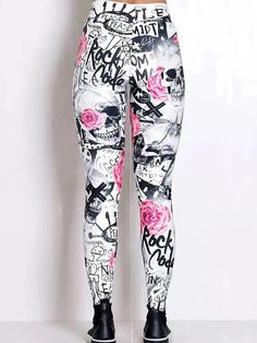 Unleash your inner rocker this Halloween and Dia de los Muertos with our Skull Floral leggings! With a bold black, white and pink skull print, these ankle-length leggings are perfect for working out or celebrating in style. Don't wait, grab a pair now and add some killer flair to your wardrobe! Product Details: Polyester/Spandex Ankle Length Lightweight Imported ⚠ WARNING: This product can expose you to BPA, which is known to the State of California to cause birth defects or other reproductive harm. For more information go to www.P65Warnings.ca.gov. Pink Sports Bottoms With Graphic Print, Pink Sports Shorts With Graphic Print, Casual Skull Print Stretch Leggings, Casual Stretch Leggings With Skull Print, Trendy Stretch Leggings With Graphic Print, White Leggings For Streetwear, Stretch Printed Bottoms For Streetwear, Stretch Printed Streetwear Bottoms, White Stretch Leggings For Streetwear