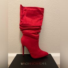 Brand New Women’s Fashion Nova Red Heeled Boots Sexy Gloria Red, Faux Suede Size 7.5 All Sales Final Red Heels For Night Out In Winter, Red Heels For Winter Night Out, Red Pointed Toe Boots For Night Out, Trendy Red Heeled Boots For Party, Trendy Red Heeled Boots For Night Out, Red Heeled Boots, Red High Heel Suede Boots, Red Heel Boots, Elegant Red Ankle-high Boots