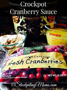 crockpot cranberry sauce and fresh cranberries are on the counter