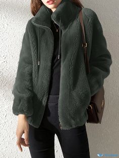 Orcajump - Drawstring Teddy Coat, Casual Zip Up Long Sleeve Warm Outerwear, Women's Clothing Casual Dark Green Outerwear For Fall, Dark Green Long Sleeve Outerwear For Fall, Fitted Dark Green Winter Outerwear, Cozy Fitted Green Outerwear, Teddy Coat, Casual Coat, Outerwear Women, Stand Collar, Dark Green