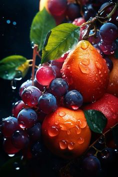 grapes and oranges with water droplets on them are shown in this artistic photograph,