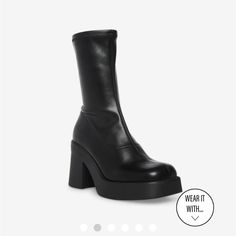 Style: Klayton Black Steven Madden Still In Package Paid $145 After Shipping Leather High Ankle Boots With Chunky Platform, Leather High Heel Boots With Chunky Platform, Leather Mid-calf Boots With Platform And Round Toe, Leather Mid-calf Boots With Chunky Platform, Sleek Black Calf Leather Platform Boots, Sleek Platform Boots With Round Toe For Fall, Sleek Faux Leather Boots With Round Toe, Sleek Fall Platform Boots With Round Toe, Leather Boots With Chunky Platform And Round Toe