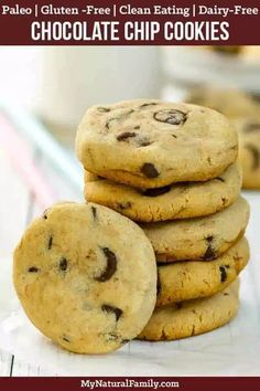 chocolate chip cookies stacked on top of each other