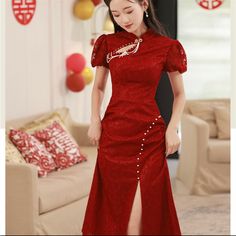 Red Lace With Pearl Trim. Elegant And Pretty. Perfect For A Formal Event, Wedding, Or Tea Ceremony! Size Xxl (Please See Photos For Measurements). Fits Like A Small In Us Sizing. Elegant Red Dresses For Festivals, Traditional Red Cheongsam For Formal Occasions, Elegant Red Cheongsam, Red Traditional Cheongsam For Evening, Elegant Red Dresses For Celebrations, Elegant Red Dress For Celebration, Traditional Red Cheongsam For Evening, Elegant Red Celebration Dress, Red Fitted Cheongsam For Festive Occasions