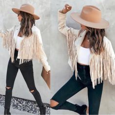 Women Tassel Faux Suede Jacket Long Sleeve Open Front Chic Leather Jacket With Fringe For Fall, Chic Winter Fringe Outerwear, Trendy Spring Fringe Outerwear, Trendy Fringe Outerwear For Spring, Fitted Spring Outerwear With Tassels, Fitted Outerwear With Tassels For Spring, Chic Leather Jacket With Fringe, Chic Leather Jacket With Fringe And Long Sleeves, Chic Long-sleeve Leather Jacket With Fringe