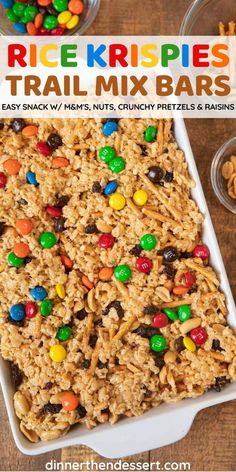 rice krispies trail mix bars in a white dish