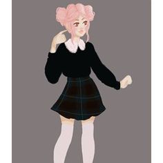 a girl with pink hair wearing a black dress and white socks, standing in front of a gray background