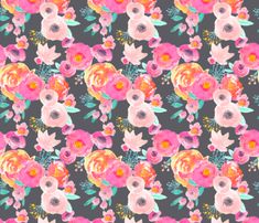 a pink and orange floral print on black background