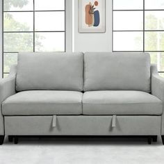 a living room scene with focus on the couch and window behind it's windows