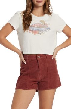 A sunfaded graphic transports you to the balmy beaches of the tropics in this slightly cropped cotton T-shirt. 17" length (size Medium) Crewneck Short sleeves 100% cotton Machine wash, tumble dry Imported Casual Short Sleeve Crop Top For Beach Season, Casual Crew Neck Crop Top For Vacation, Cotton Crew Neck Crop Top For Vacation, Beach Season Cotton Short Sleeve Crop Top, Casual Graphic Print Crop Top For Beach Season, Casual Crew Neck Crop Top For Beach Season, Cotton Short Sleeve Crop Top For Beach Season, Casual Cropped T-shirt With Front Print For Summer, Billabong Surf