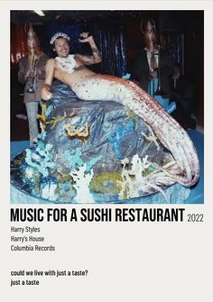 the cover of music for a sushi restaurant, featuring an image of a man laying on top of a fish